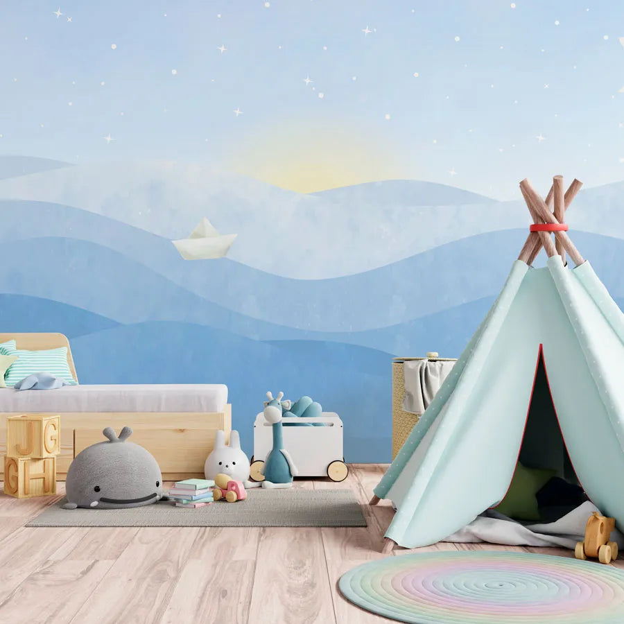 Papel de Parede Infantil Barquinho de Papel Azul - Mural