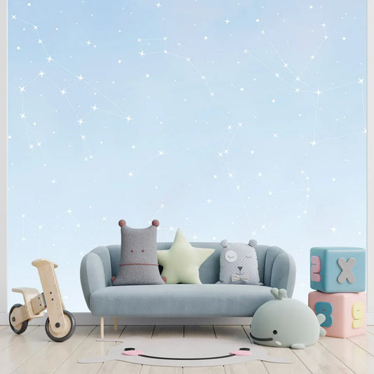 Papel de Parede Infantil Constelação Aquarela Azul - Mural