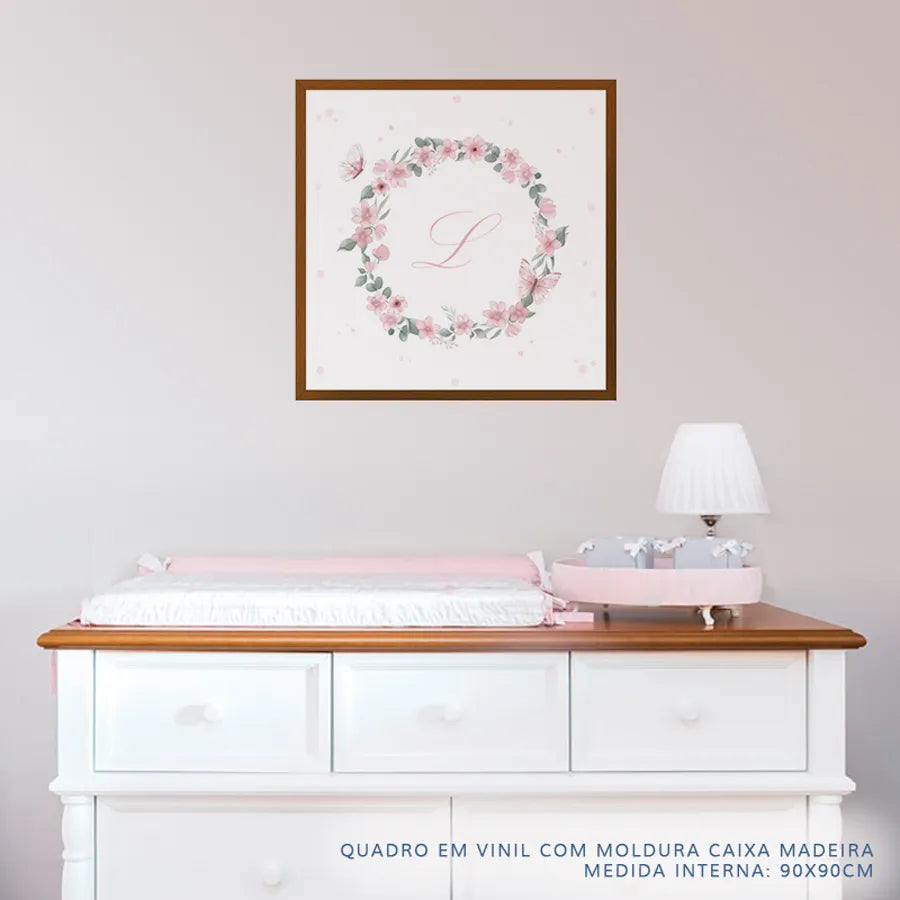 Quadro Infantil Jardim Guirlanda com Inicial Rosa