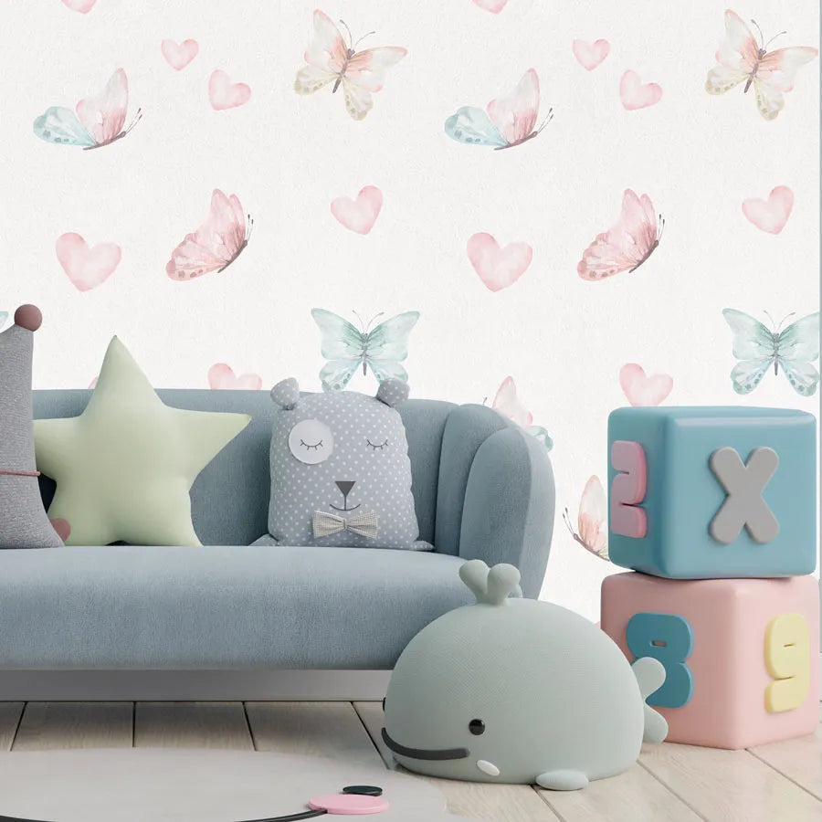 Papel de Parede Infantil Borboleta e Corações Aquarela