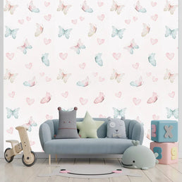 Papel de Parede Infantil Borboleta e Corações Aquarela