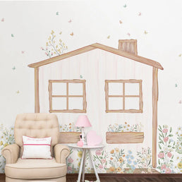Papel de Parede Infantil Casinha Flores do Campo Verde - Mural