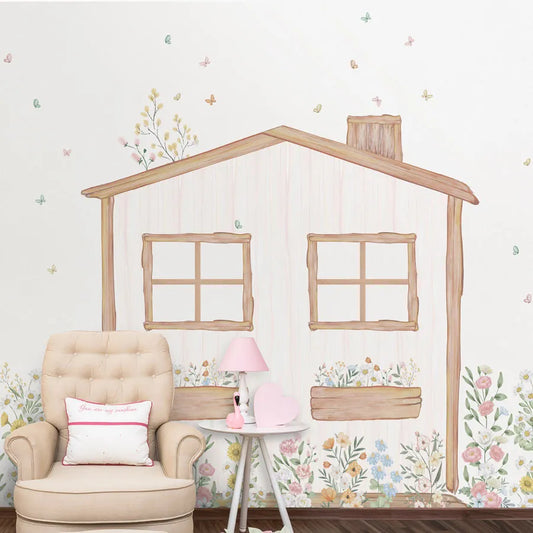 Papel de Parede Infantil Casinha Flores do Campo Verde - Mural