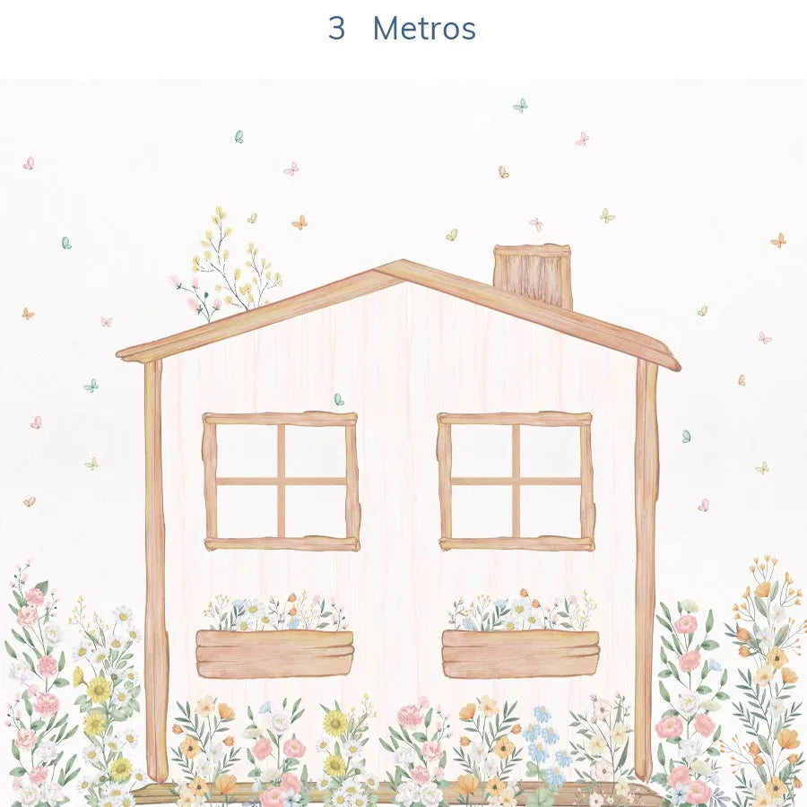 Papel de Parede Infantil Casinha Flores do Campo Verde - Mural