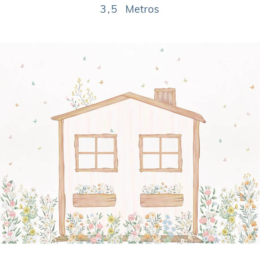 Papel de Parede Infantil Casinha Flores do Campo Verde - Mural