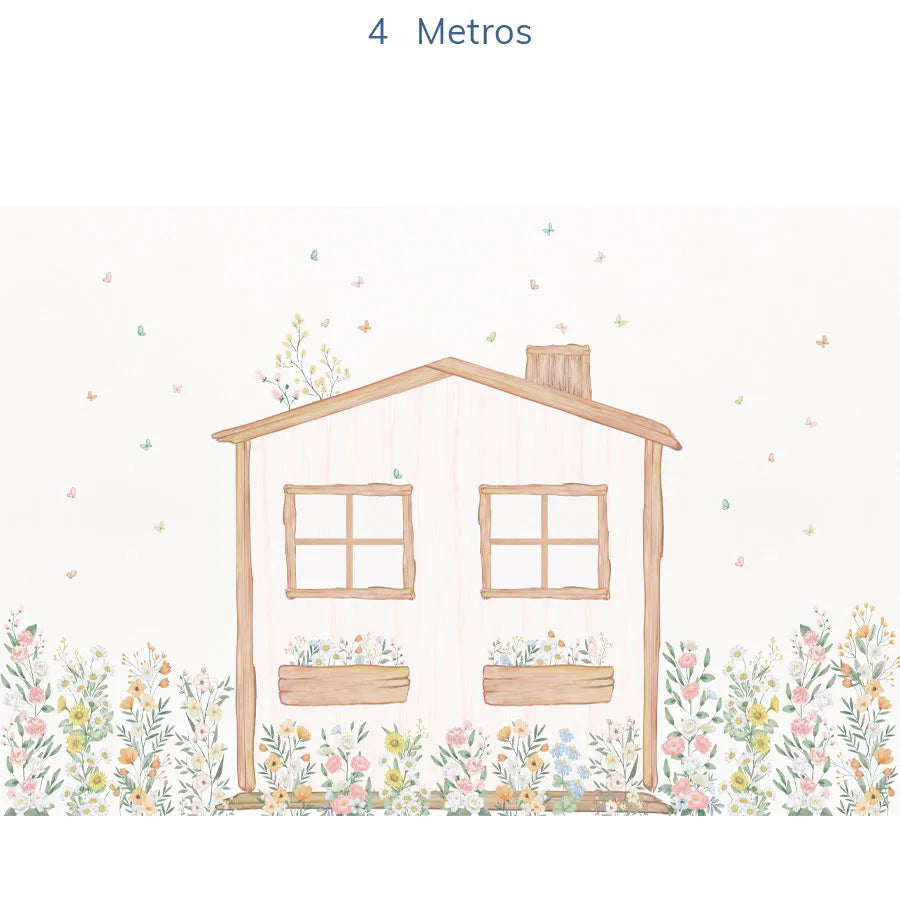 Papel de Parede Infantil Casinha Flores do Campo Verde - Mural