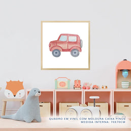 Quadro Infantil Jipe Aquarela Vermelho - Quadrado