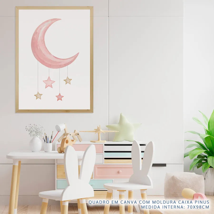 Quadro Infantil Lua Com Estrelas Aquarela - Vertical