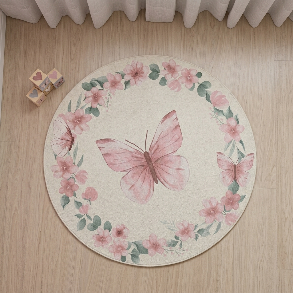 TAPETE INFANTIL REDONDO BORBOLETA E FLORES  - 1,33