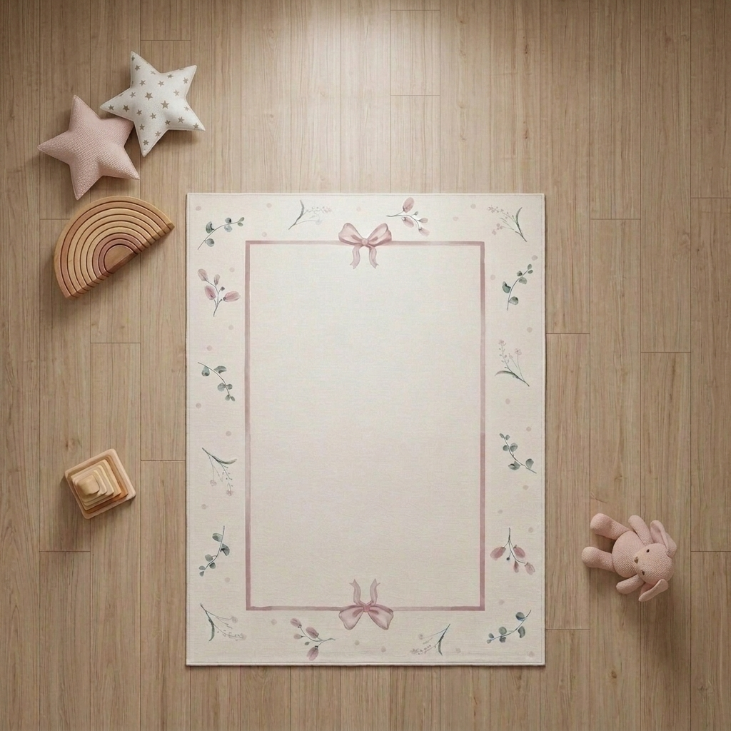 TAPETE INFANTIL RETANGULAR FLORAL COM LAÇO - ROSA  - 1,33 X 1,88