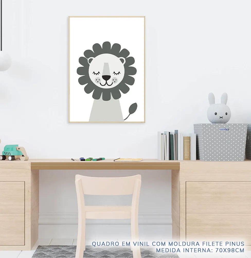 Quadro Infantil Leão Moderno Cinza - Vertical
