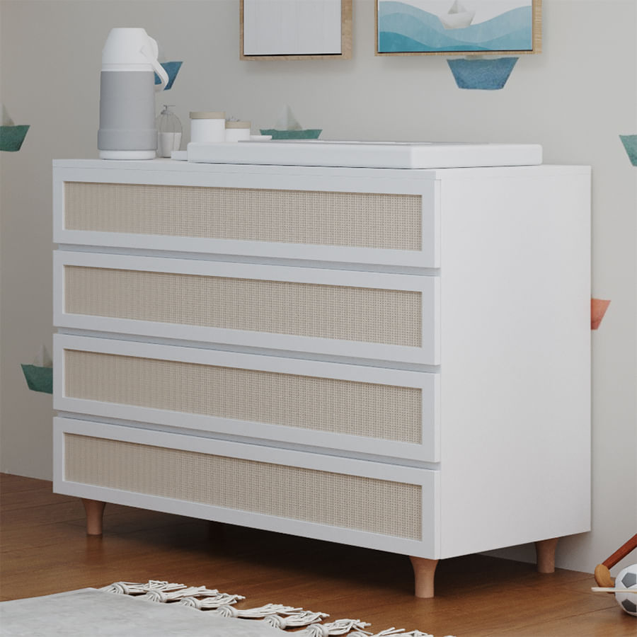 Cômoda de Bebê Haus Nature com Palha 4 Gavetas Branca e Carvalho 110cm