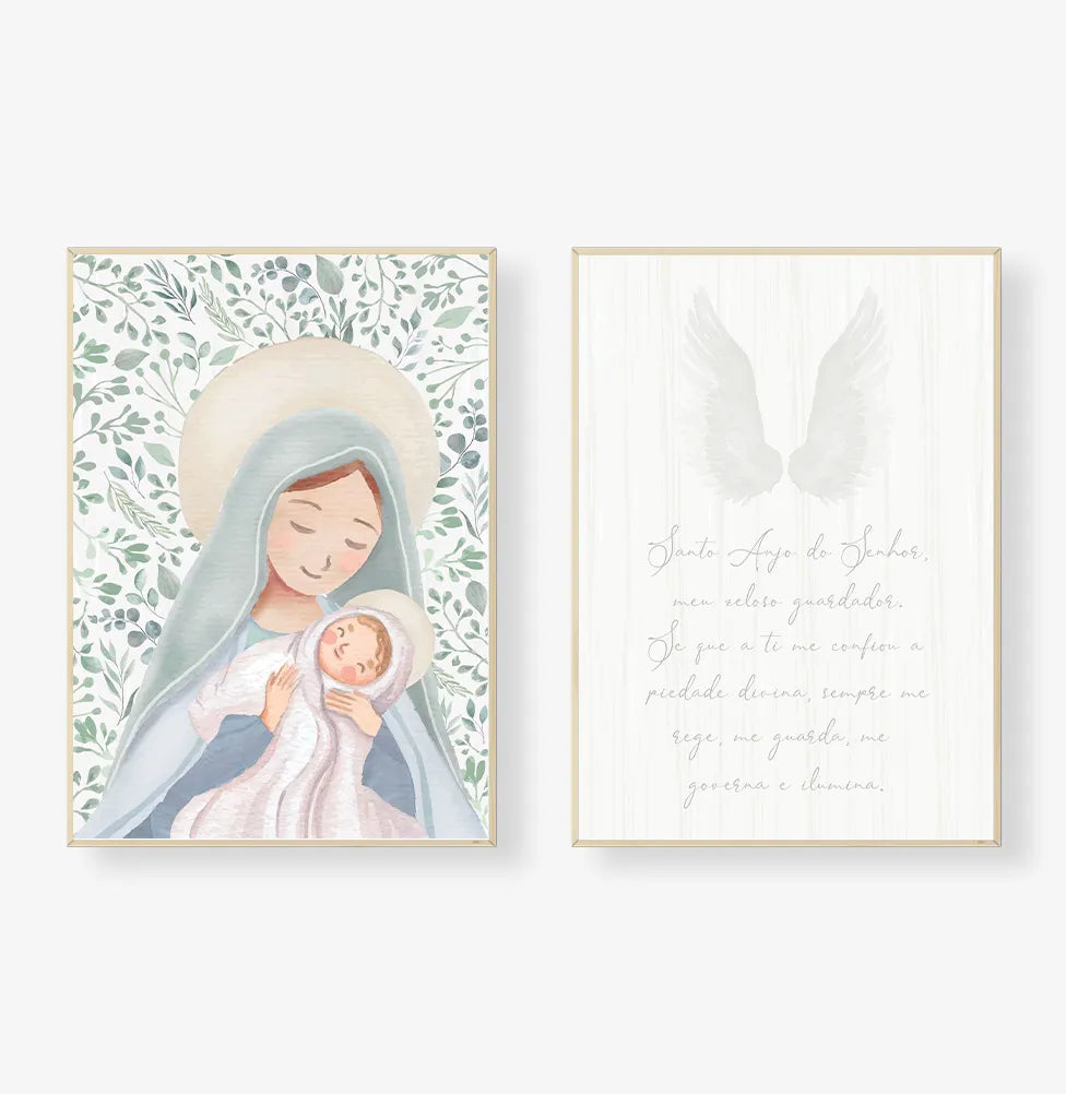 Conjunto com 2 Quadros Nossa Senhora e Oração Verde Moldura Filete Branca - Vertical