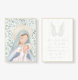 Conjunto com 2 Quadros Nossa Senhora e Oração Verde Moldura Filete Branca - Vertical