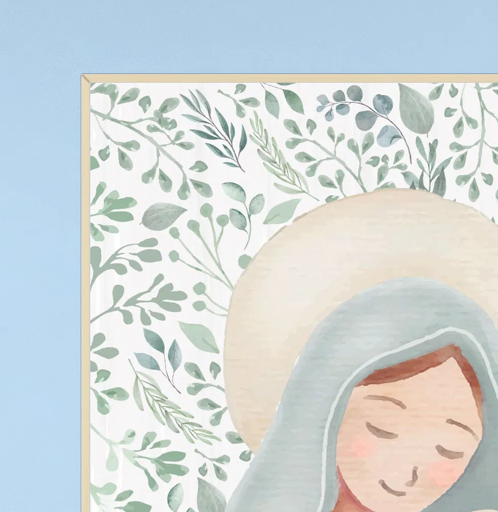 Conjunto com 2 Quadros Nossa Senhora e Oração Verde Moldura Filete Branca - Vertical