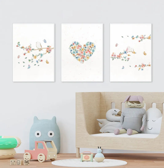 Conjunto com 3 quadros florese pássaros paris candy moldura filete branca