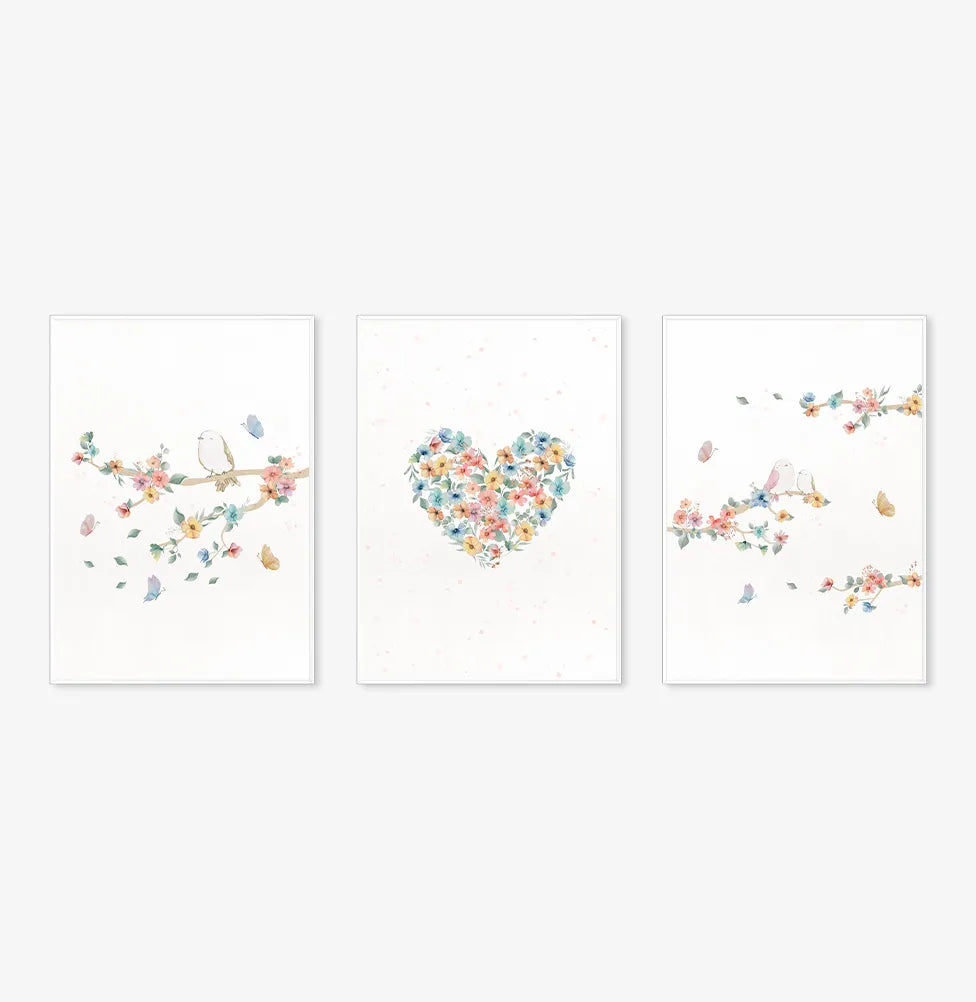 Conjunto com 3 quadros florese pássaros paris candy moldura filete branca