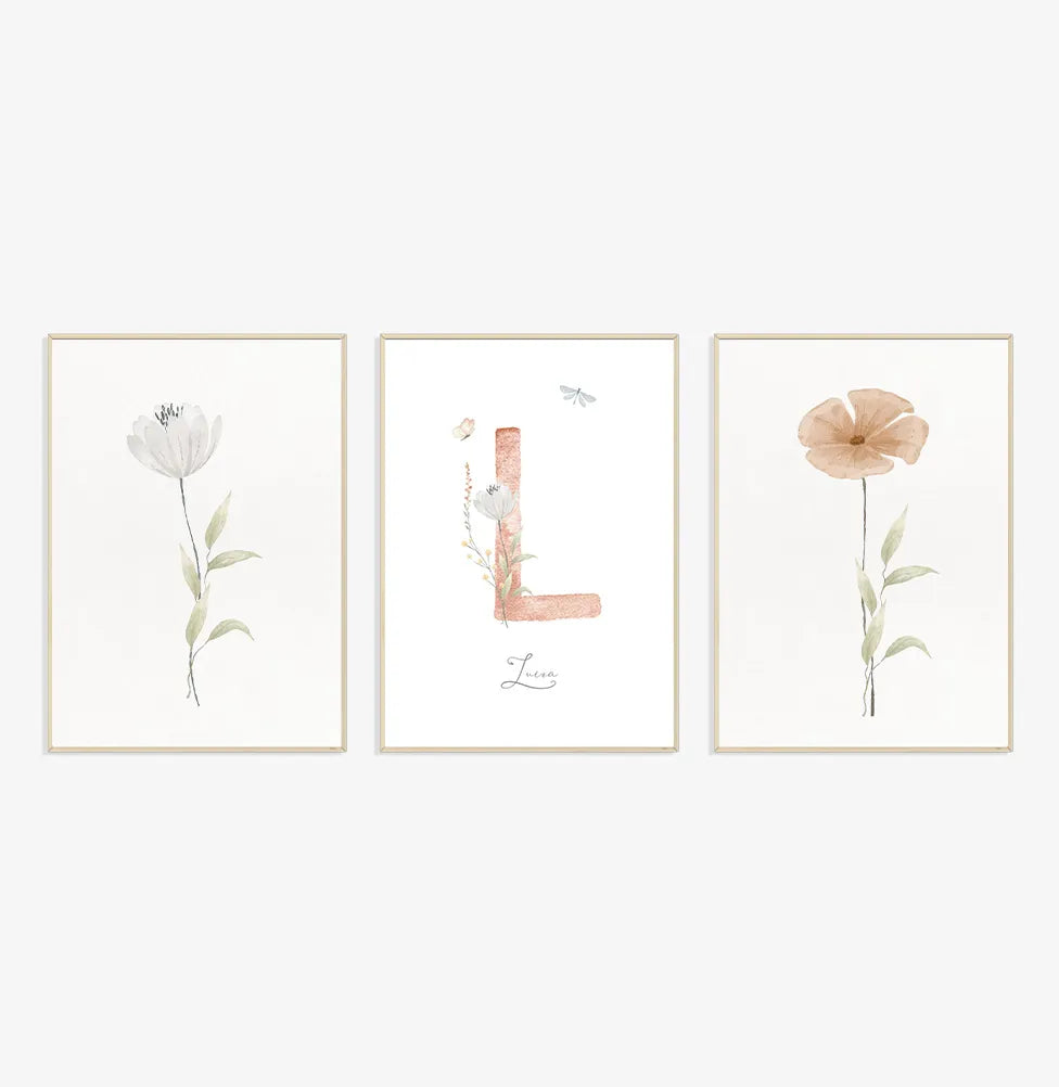 Conjunto com 3 quadros flores do outono com nome coral moldura filete pinus - personalizado