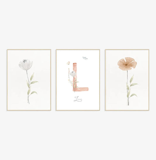 Conjunto com 3 quadros flores do outono com nome coral moldura filete pinus - personalizado