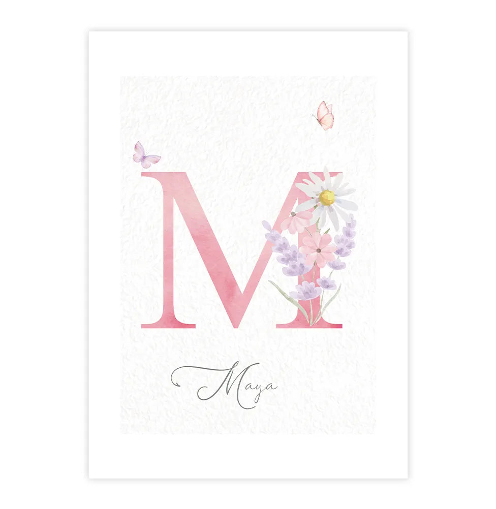 Quadro Infantil com Flores Lavanda Lilás Inicial Personalizada - Vertical