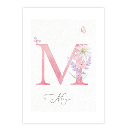 Quadro Infantil com Flores Lavanda Lilás Inicial Personalizada - Vertical