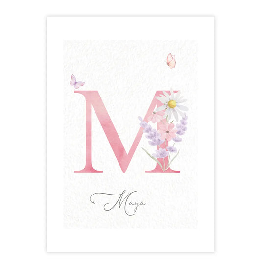 Quadro Infantil com Flores Lavanda Lilás Inicial Personalizada - Vertical