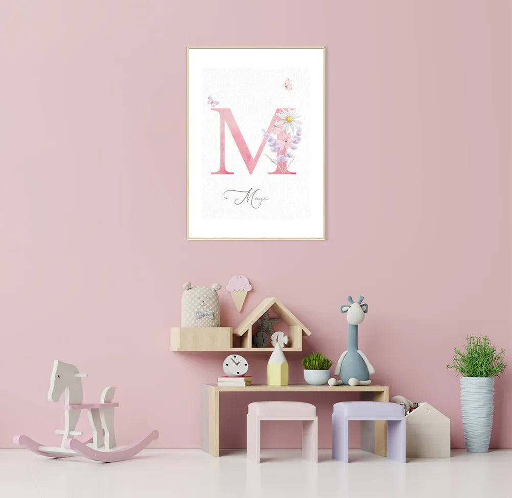 Quadro Infantil com Flores Lavanda Lilás Inicial Personalizada - Vertical