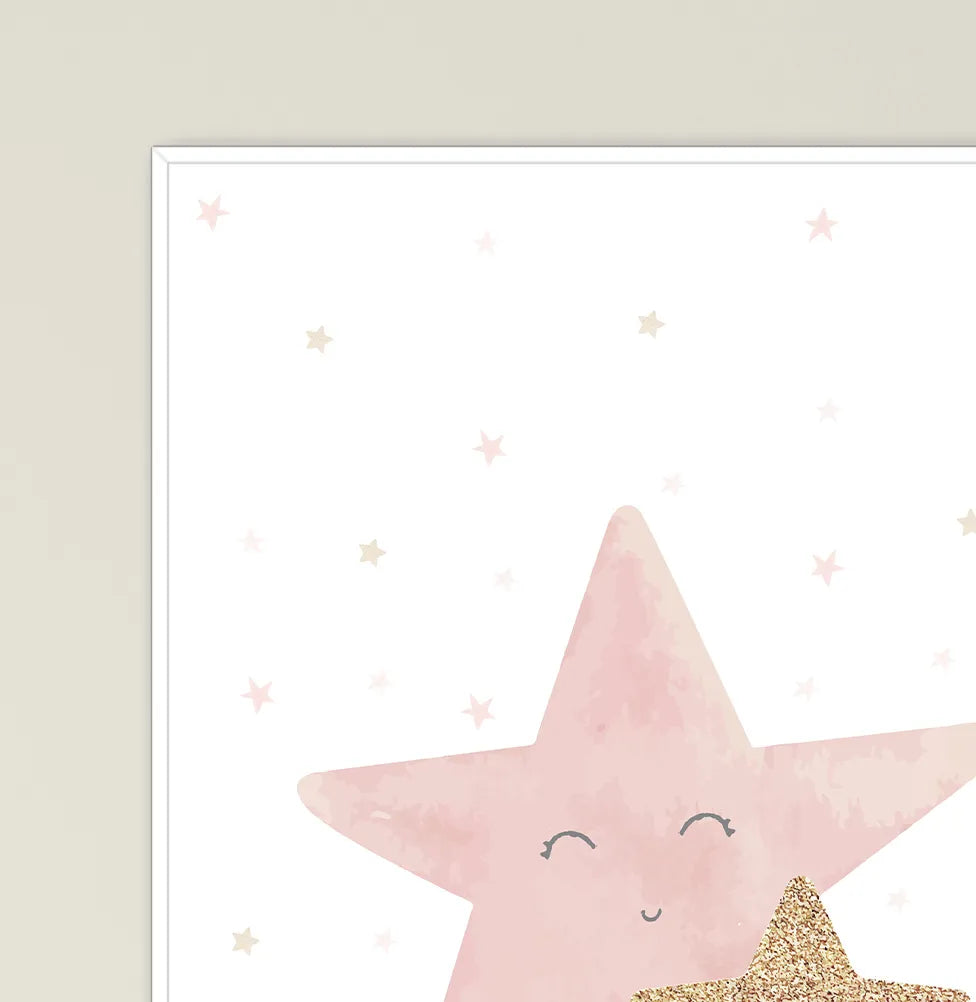 Conjunto com 2 Quadros Estrela e Lua Rosa Moldura Filete Branca - Vertical