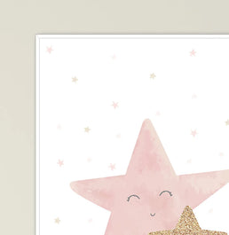 Conjunto com 2 Quadros Estrela e Lua Rosa Moldura Filete Branca - Vertical