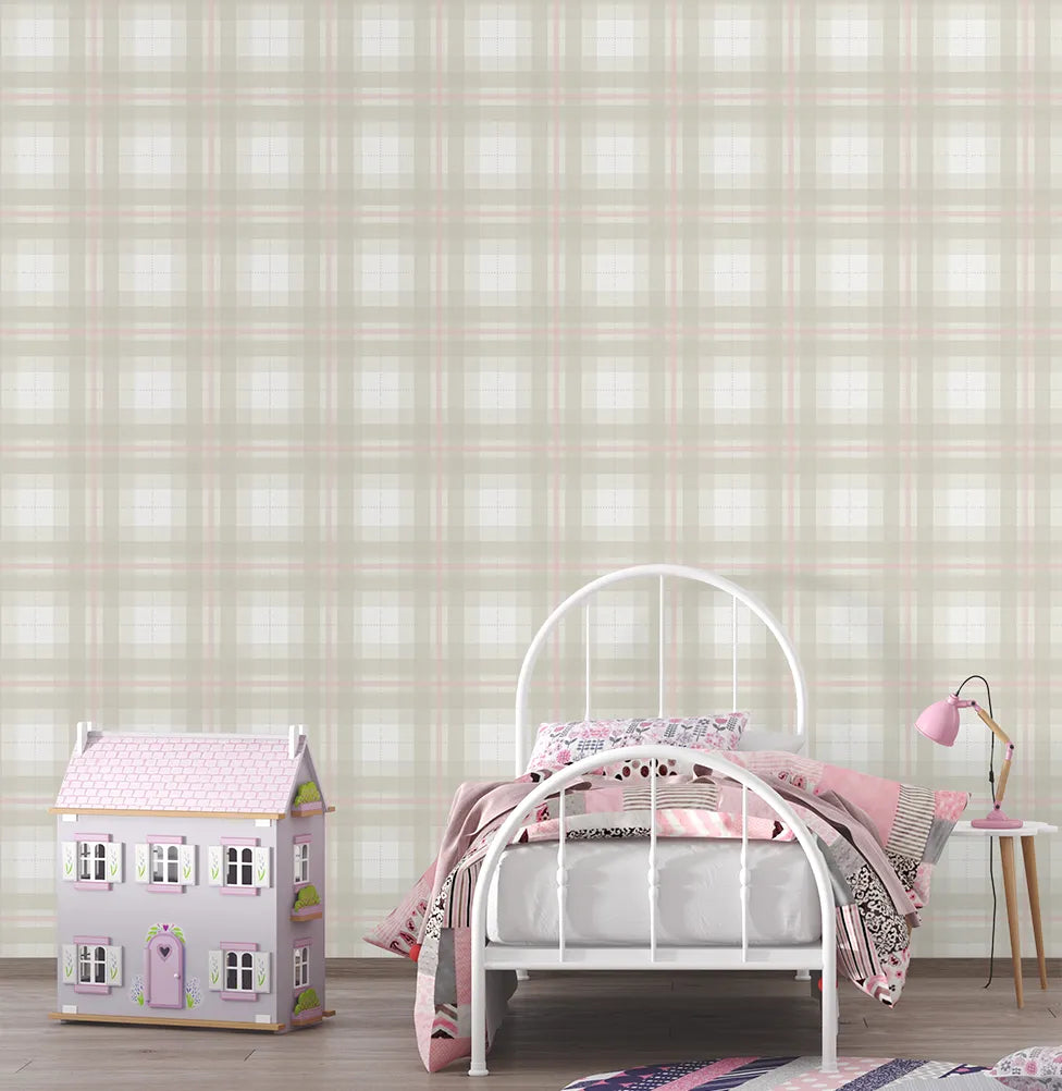 Papel de Parede Infantil Xadrez Classic Bege com Rosa Claro