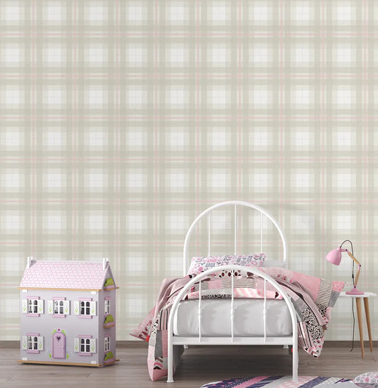 Papel de Parede Infantil Xadrez Classic Bege com Rosa Claro