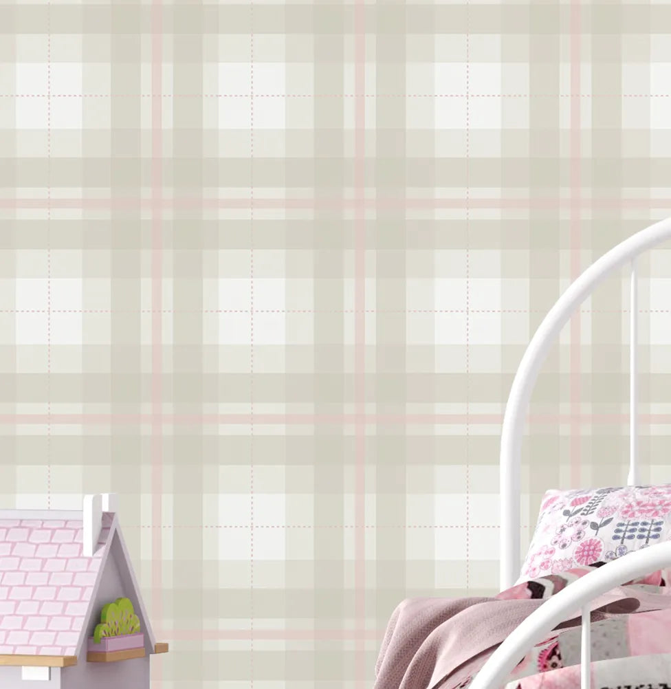Papel de Parede Infantil Xadrez Classic Bege com Rosa Claro
