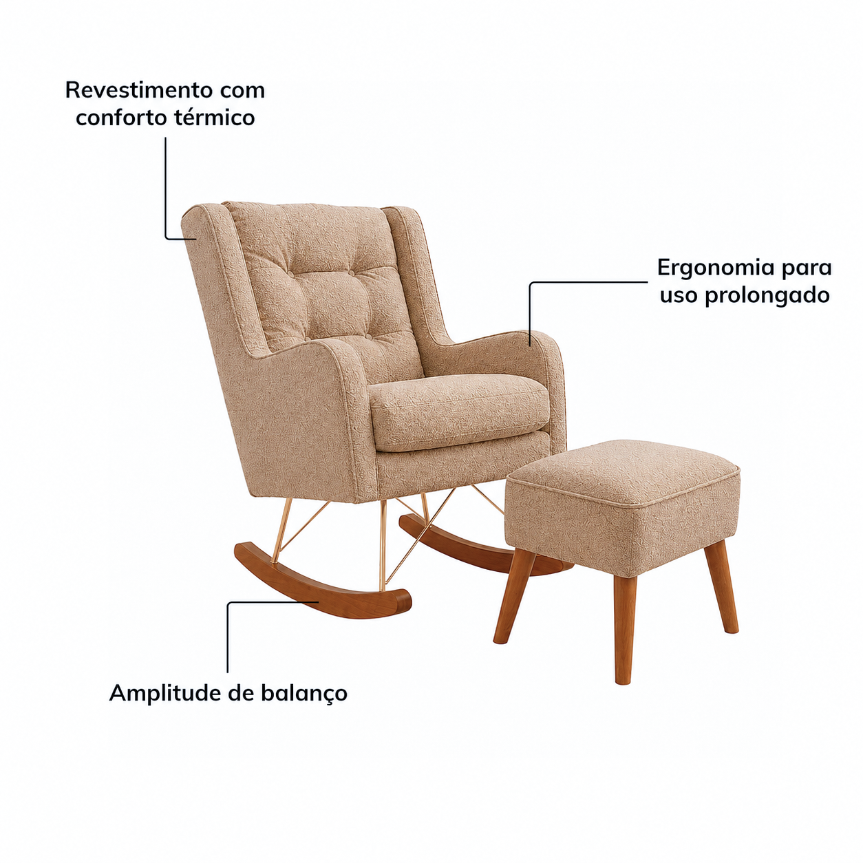 POLTRONA MAJU COM PUFF BALANÇO BOUCLE CARAMELO