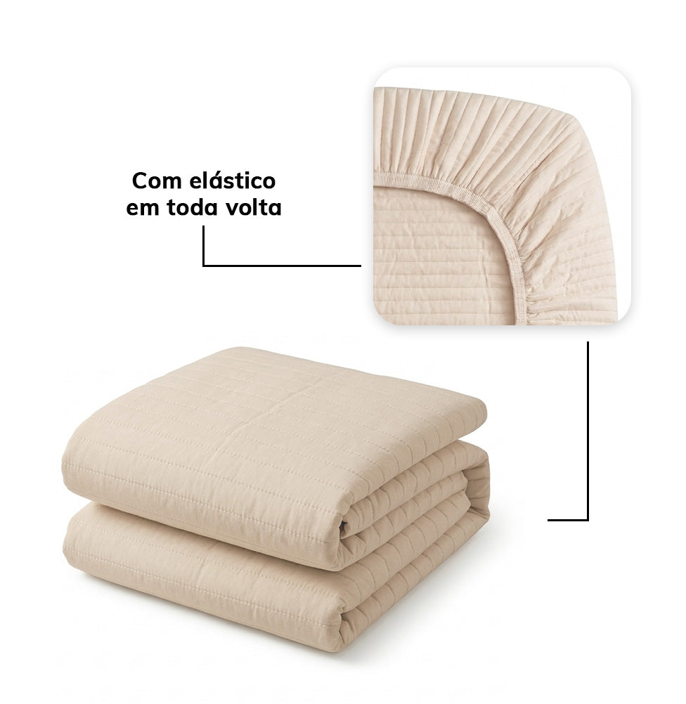 Colcha Solteiro Com Elastico Listra - Bege