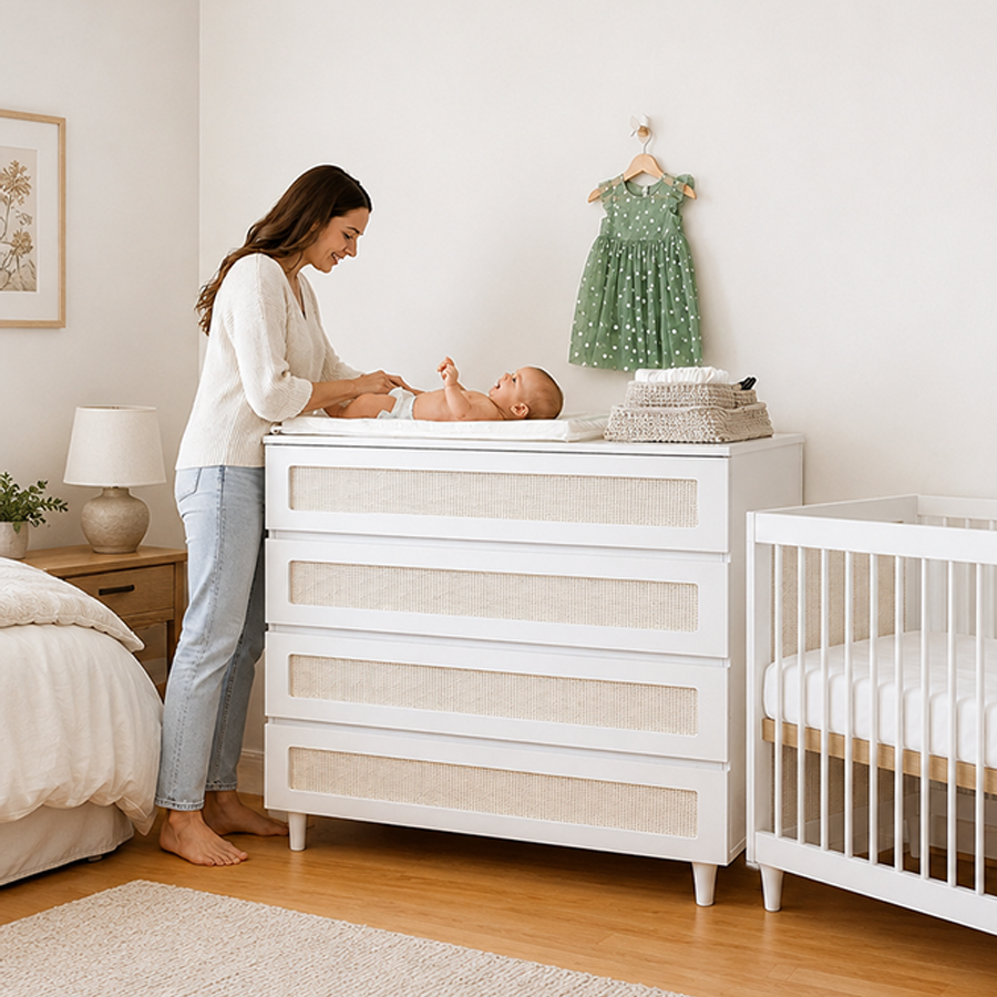 Cômoda de Bebê Haus Nature Com Palha e 4 Gavetas Branca 110cm