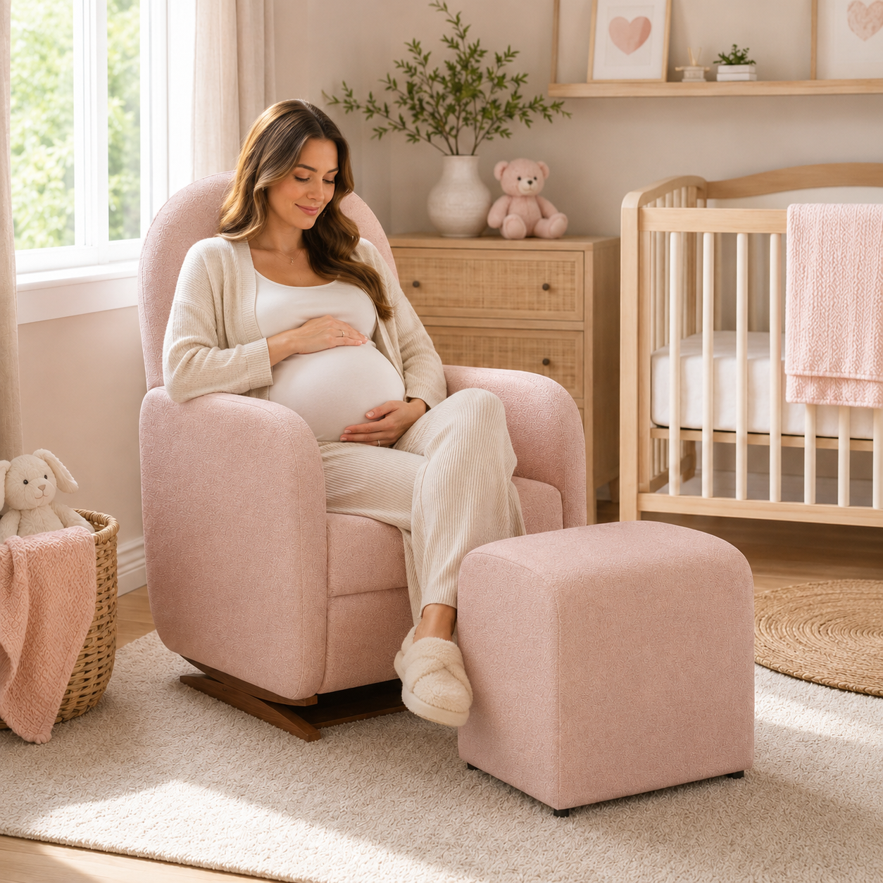 Poltrona de Amamentação Duna com Puff - Linho Rosa
