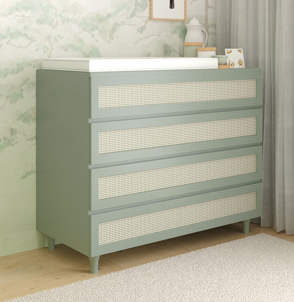 Cômoda de Bebê Haus Nature com Palha e 4 Gavetas Verde Jardim 110cm