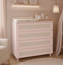 Cômoda Haus Nature com Palha e 4 Gavetas (90cm) - Rosa Claro