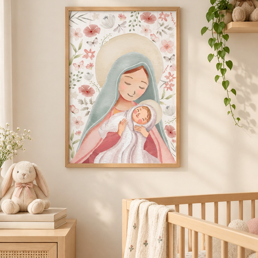 Quadro Infantil Nossa Senhora Outono Rosa - Vertical