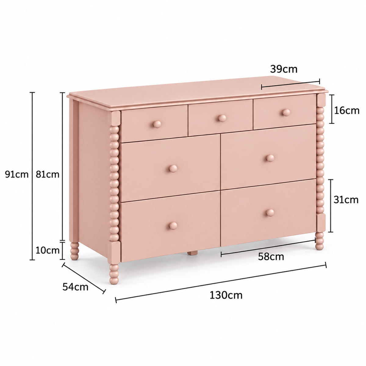 COMODA RITMO 7 GAVETAS 130CM - ROSÊ