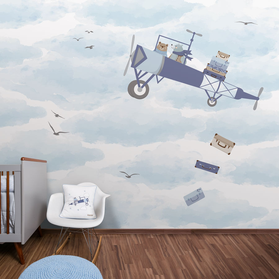 Papel de Parede Infantil Avião no Céu - Lado Direito - Mural