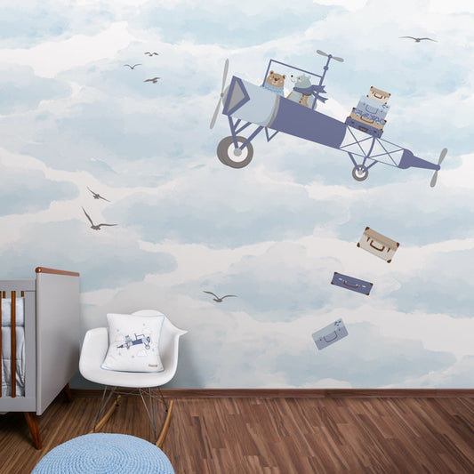 Papel de Parede Infantil Avião no Céu - Lado Direito - Mural