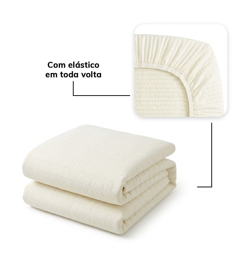 Colcha Solteiro Com Elastico Listra - Cru