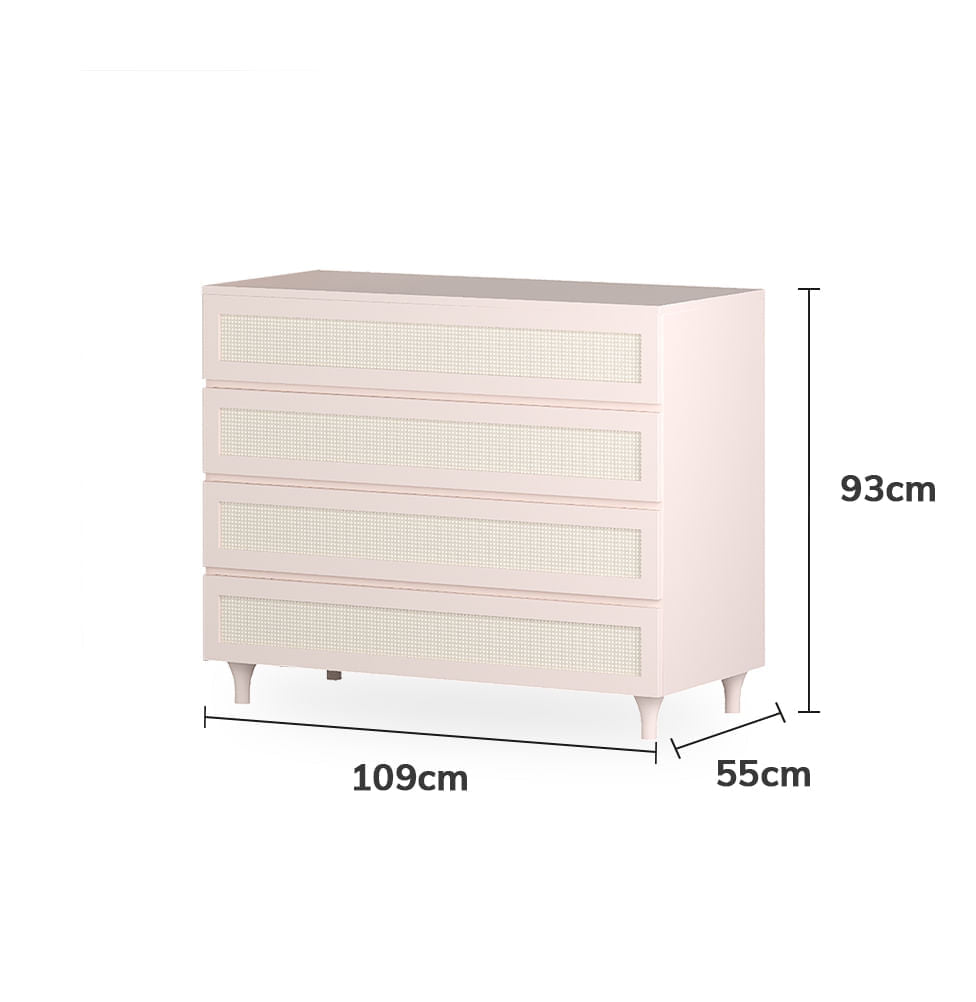 Cômoda de Bebê Haus Nature com Palha e 4 Gavetas Rosa 110cm
