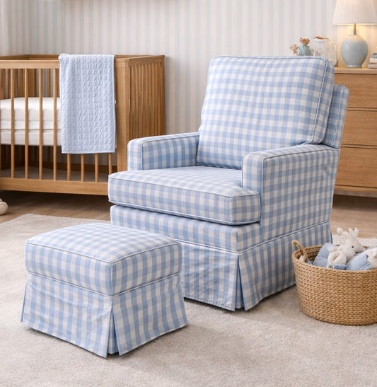 Poltrona de Amamentação Essence Xadrez com Balanço e Puff - Azul