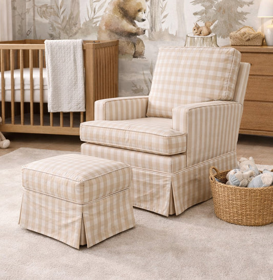 Poltrona de Amamentação Essence Xadrez com Balanço e Puff - Bege
