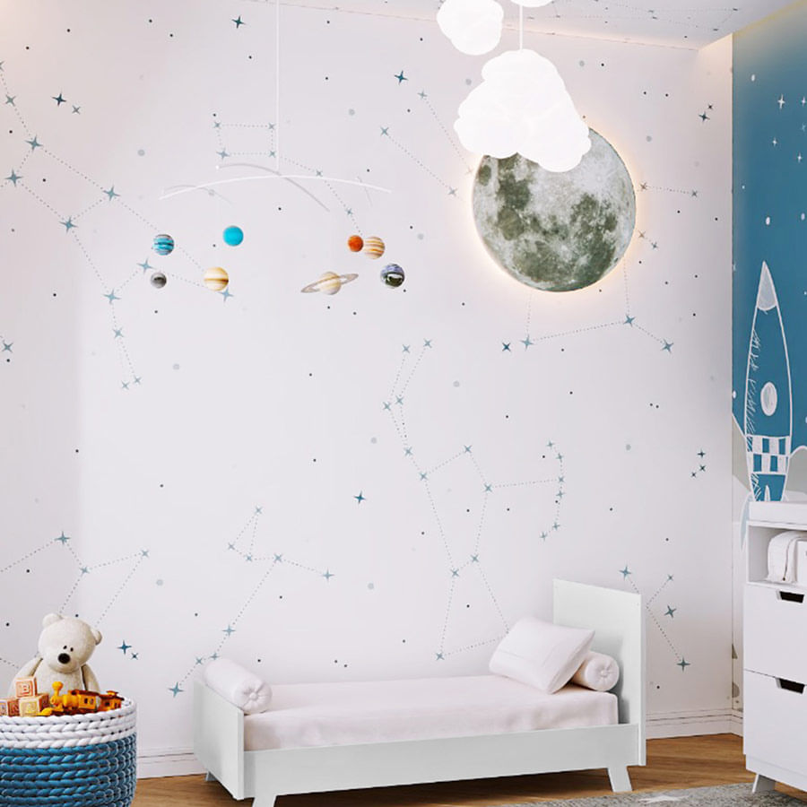 Papel de Parede Infantil Constelações Fundo Branco Azul Clássico - Mural