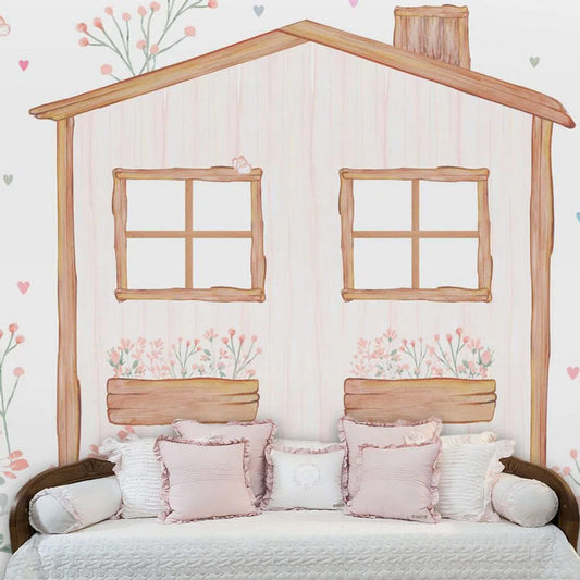 Papel de Parede Infantil Casinha com Corações Aquarela Color - Mural