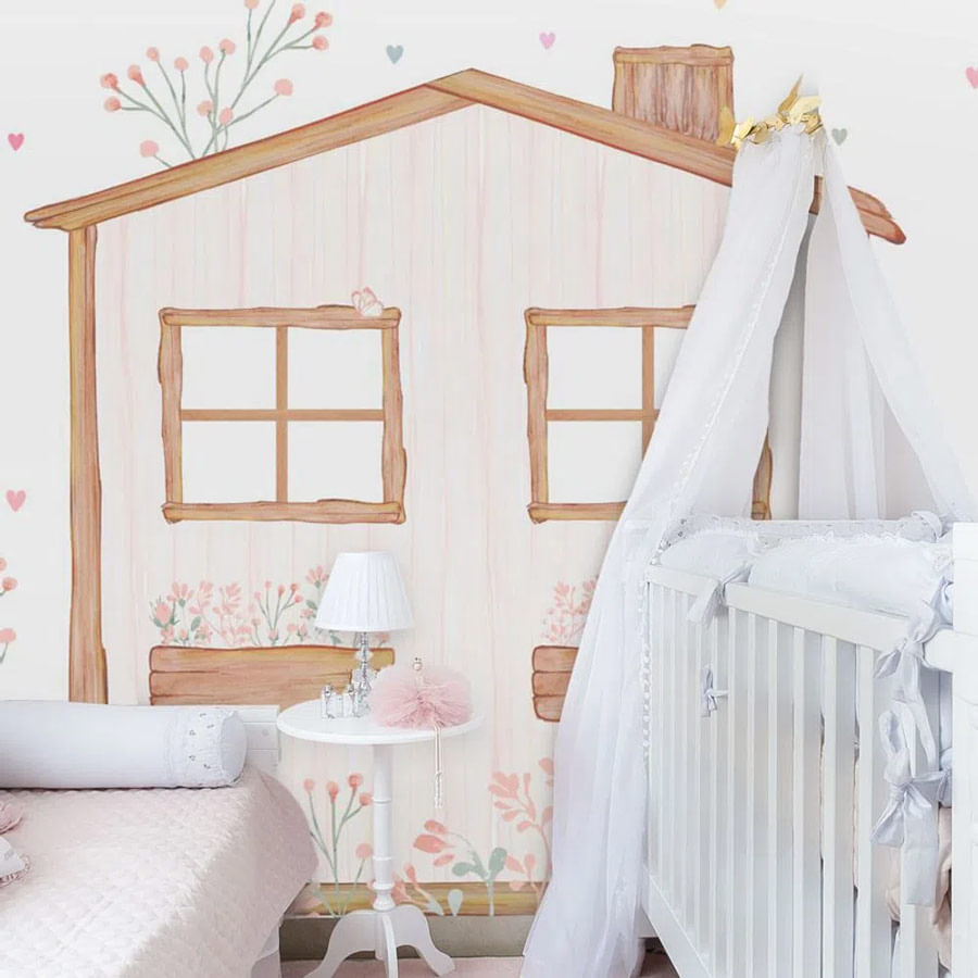Papel de Parede Infantil Casinha com Corações Aquarela Color - Mural