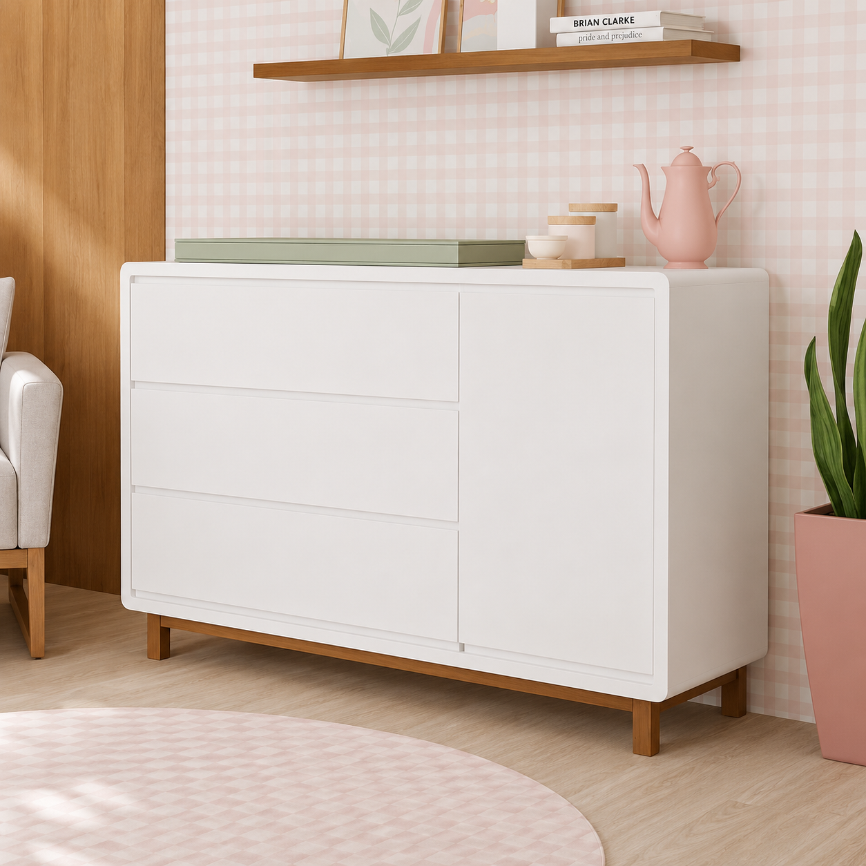 Cômoda de Bebê Nord Com Porta Branco e Pé Jequitibá